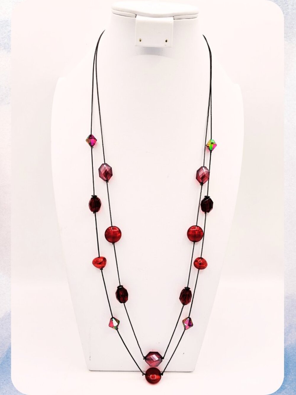 Long Red Beaded Necklace Gunmetal Chain Aurora Borealis Crystal Accent